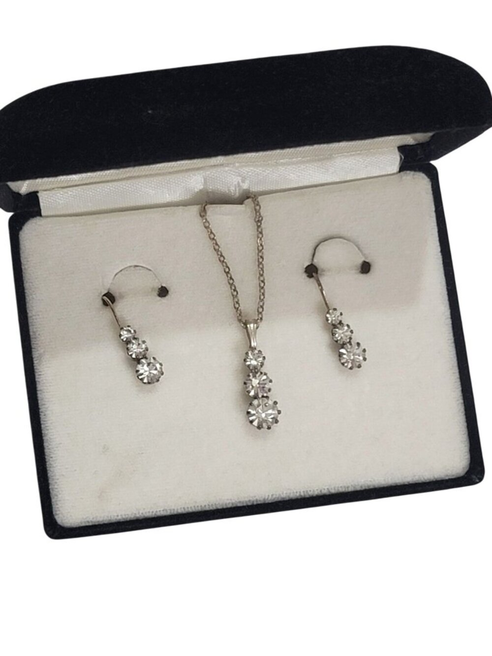 Necklace Earrings Set With Dangle Pendant & Round Crystals Silver Tone Jewelry I - Picture 6 of 6